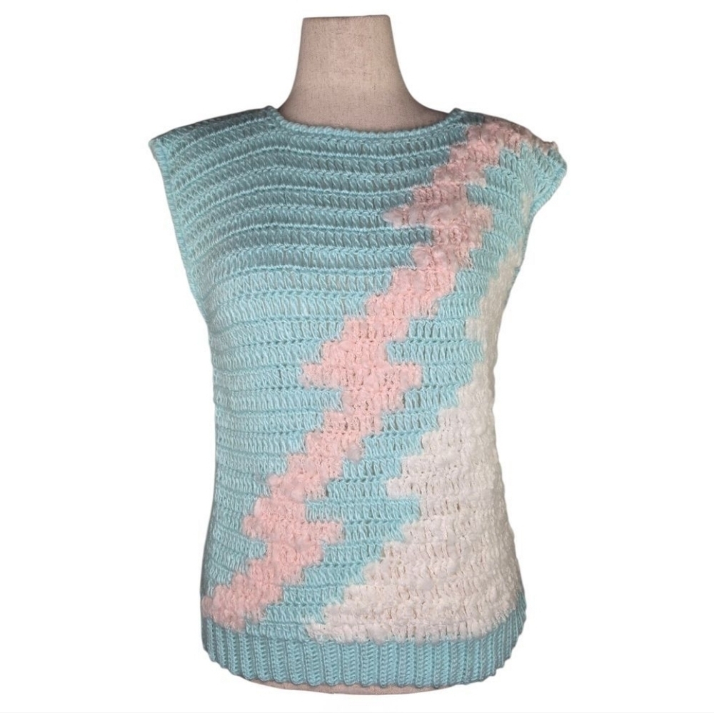Vintage TOI Pastel Chevron Crochet Sweater Vest Blue Pink 80s Cottagecore